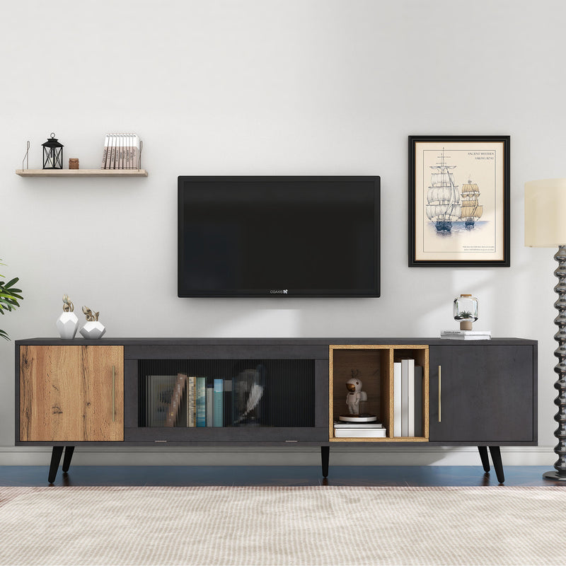 Meuble TV Élégant Gris et Bois Foncé avec Porte Abattante en Verre Changhong et Rangement Intégré (200x40x55.5cm - Pour TV 90"+) COVUNS
