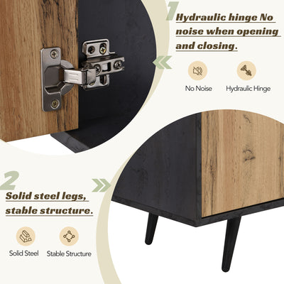 Meuble TV Élégant Gris et Bois Foncé avec Porte Abattante en Verre Changhong et Rangement Intégré (200x40x55.5cm - Pour TV 90"+) COVUNS