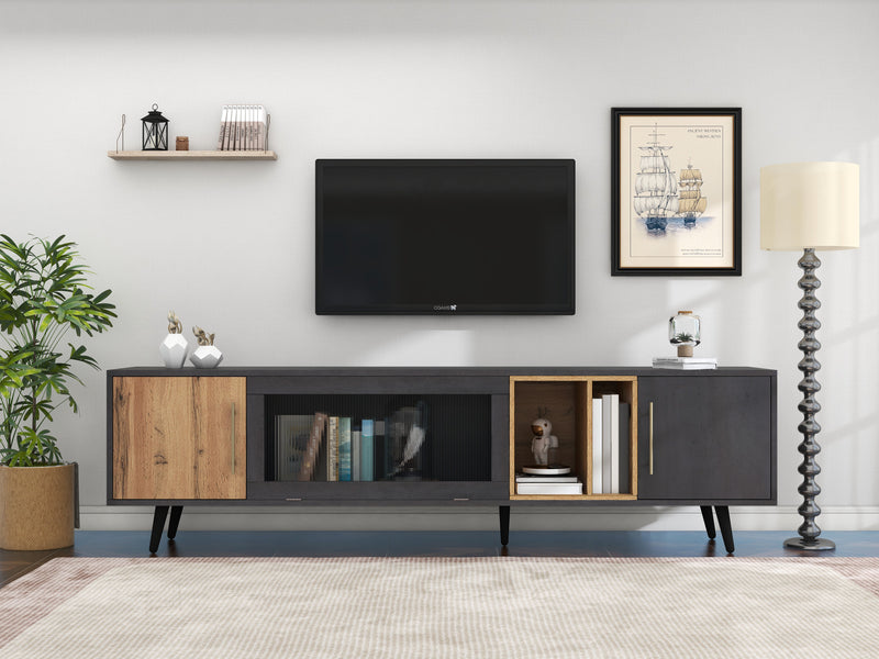 Meuble TV Élégant Gris et Bois Foncé avec Porte Abattante en Verre Changhong et Rangement Intégré (200x40x55.5cm - Pour TV 90"+) COVUNS