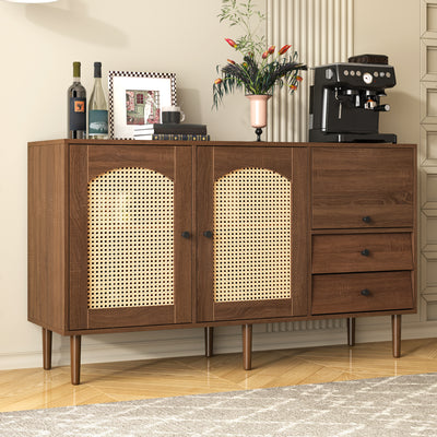 Buffet Style Rustique Naturel avec Portes en Rotin et Rangement Flexible CROLZOI
