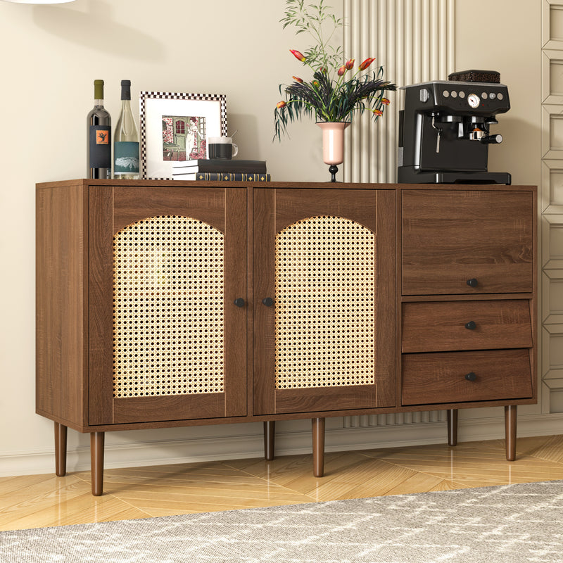 Buffet Style Rustique Naturel avec Portes en Rotin et Rangement Flexible CROLZOI