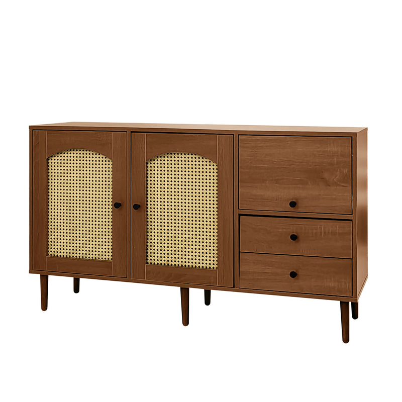 Buffet Style Rustique Naturel avec Portes en Rotin et Rangement Flexible CROLZOI