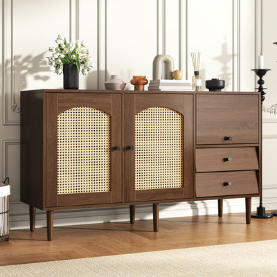 Buffet Style Rustique Naturel avec Portes en Rotin et Rangement Flexible CROLZOI