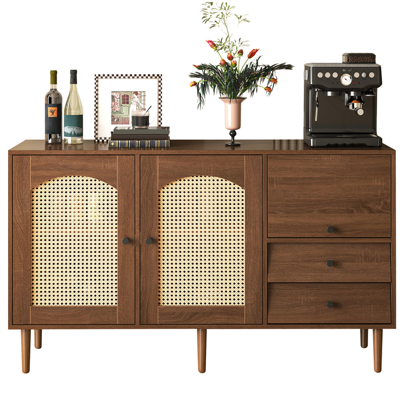 Buffet Style Rustique Naturel avec Portes en Rotin et Rangement Flexible CROLZOI
