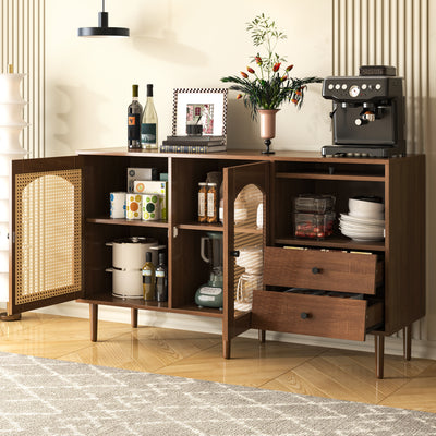Buffet Style Rustique Naturel avec Portes en Rotin et Rangement Flexible CROLZOI