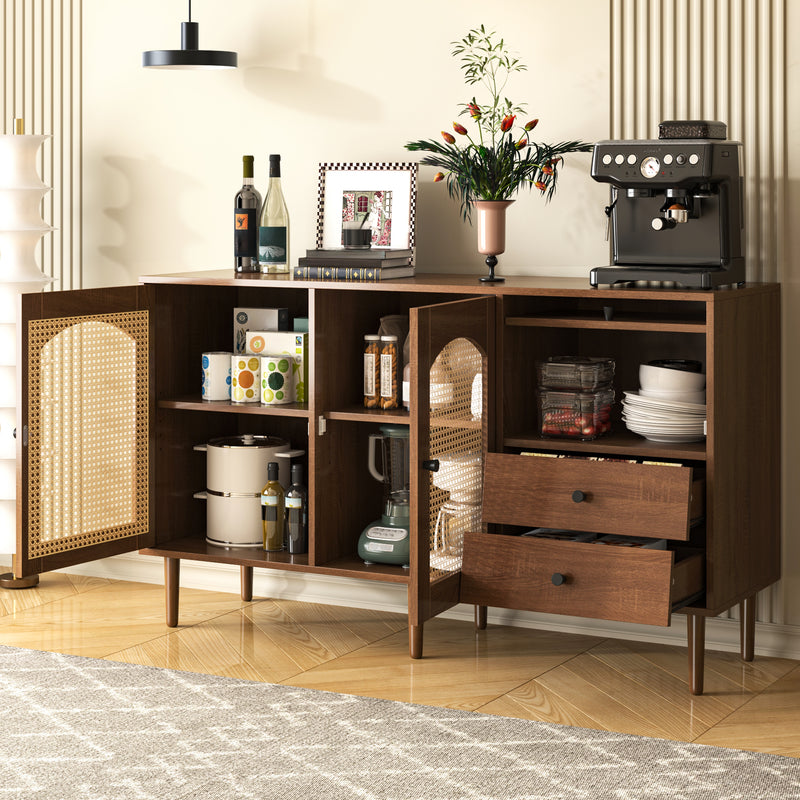 Buffet Style Rustique Naturel avec Portes en Rotin et Rangement Flexible CROLZOI