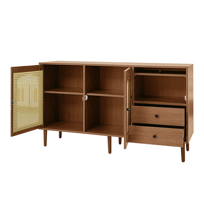 Buffet Style Rustique Naturel avec Portes en Rotin et Rangement Flexible CROLZOI