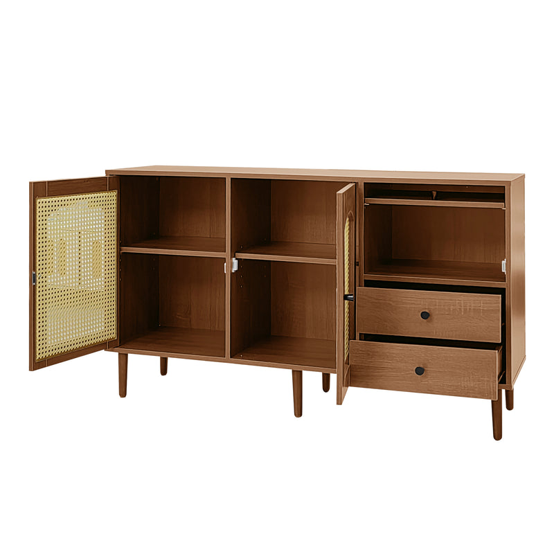 Buffet Style Rustique Naturel avec Portes en Rotin et Rangement Flexible CROLZOI