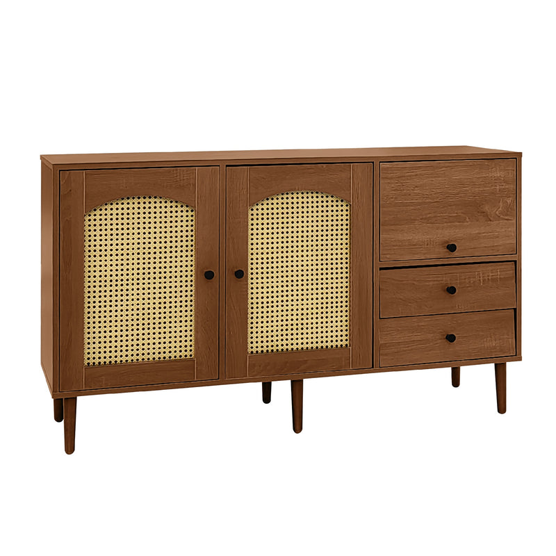Buffet Style Rustique Naturel avec Portes en Rotin et Rangement Flexible CROLZOI