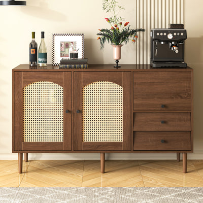 Buffet Style Rustique Naturel avec Portes en Rotin et Rangement Flexible CROLZOI