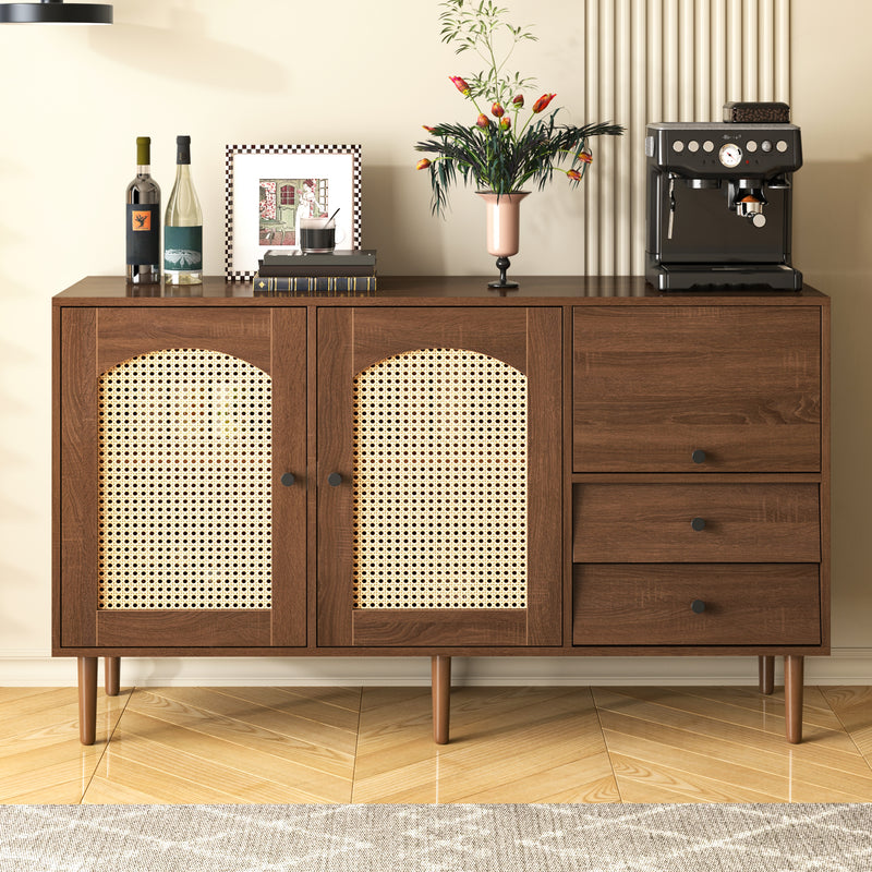 Buffet Style Rustique Naturel avec Portes en Rotin et Rangement Flexible CROLZOI