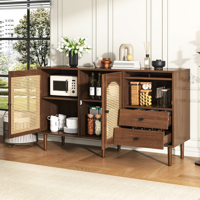 Buffet Style Rustique Naturel avec Portes en Rotin et Rangement Flexible CROLZOI