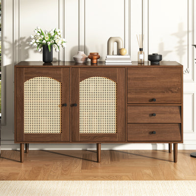 Buffet Style Rustique Naturel avec Portes en Rotin et Rangement Flexible CROLZOI