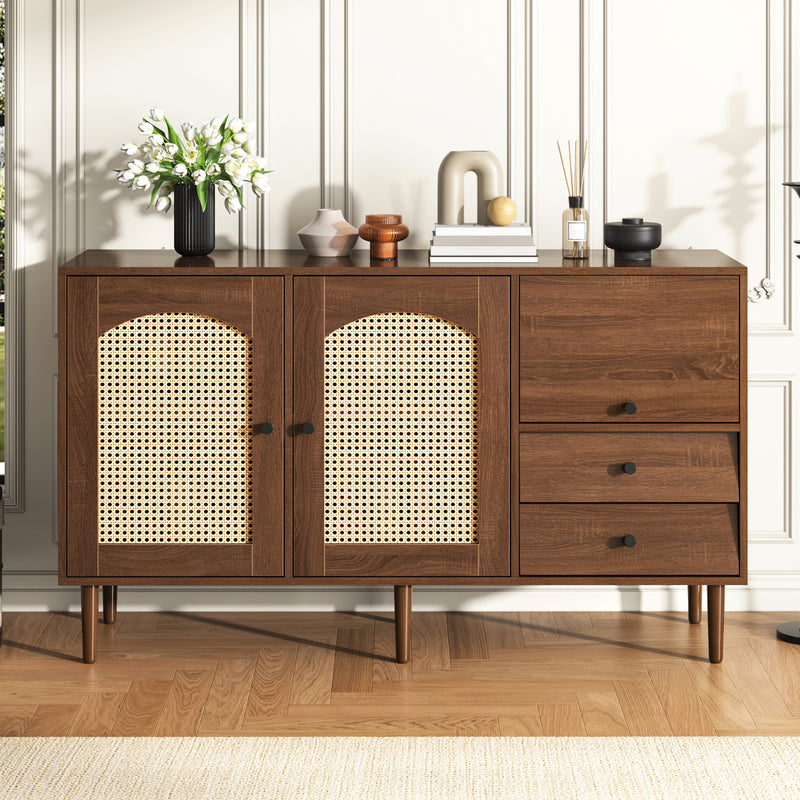 Buffet Style Rustique Naturel avec Portes en Rotin et Rangement Flexible CROLZOI