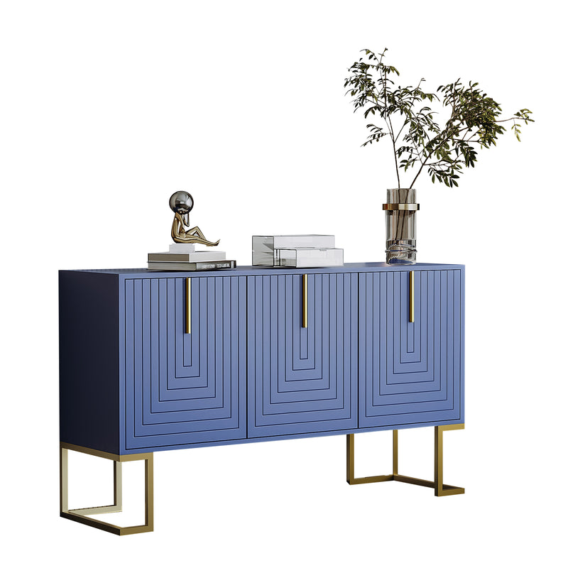Buffet Sideboard Moderne Bleu Marine avec Texture U-forme, Pieds Dorés et Étagères Réglables (138x40x80.5cm) CRUUGREN BLUE