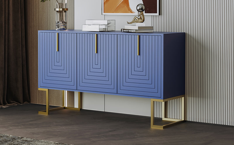 Buffet Sideboard Moderne Bleu Marine avec Texture U-forme, Pieds Dorés et Étagères Réglables (138x40x80.5cm) CRUUGREN BLUE