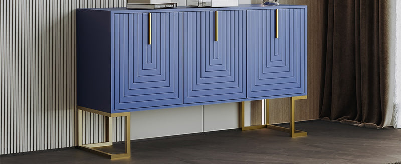 Buffet Sideboard Moderne Bleu Marine avec Texture U-forme, Pieds Dorés et Étagères Réglables (138x40x80.5cm) CRUUGREN BLUE