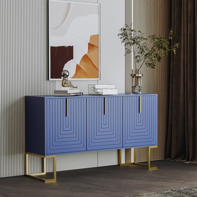 Buffet Sideboard Moderne Bleu Marine avec Texture U-forme, Pieds Dorés et Étagères Réglables (138x40x80.5cm) CRUUGREN BLUE