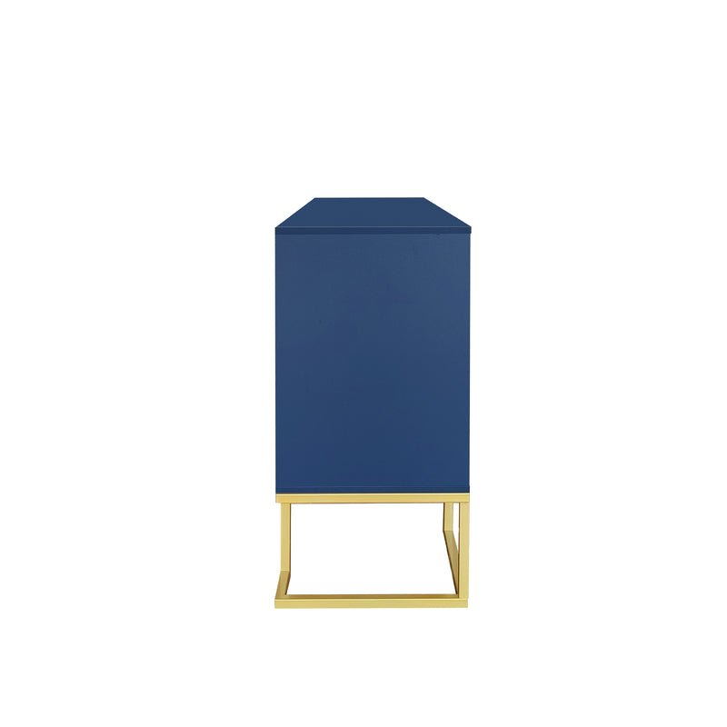 Buffet Sideboard Moderne Bleu Marine avec Texture U-forme, Pieds Dorés et Étagères Réglables (138x40x80.5cm) CRUUGREN BLUE