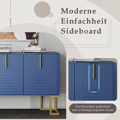 Buffet Sideboard Moderne Bleu Marine avec Texture U-forme, Pieds Dorés et Étagères Réglables (138x40x80.5cm) CRUUGREN BLUE