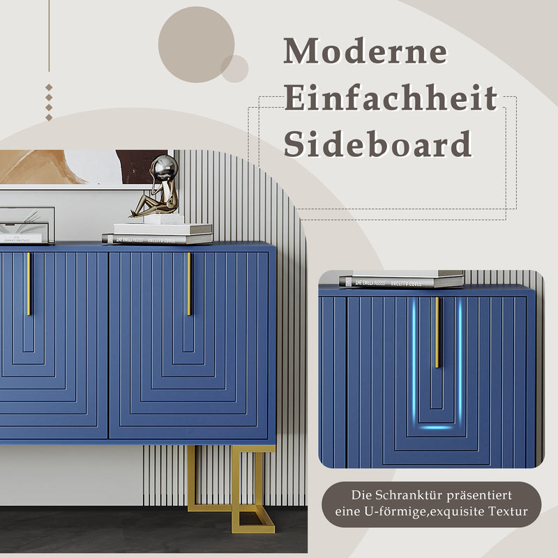 Buffet Sideboard Moderne Bleu Marine avec Texture U-forme, Pieds Dorés et Étagères Réglables (138x40x80.5cm) CRUUGREN BLUE