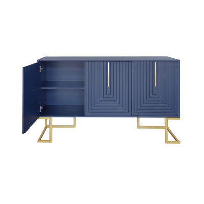 Buffet Sideboard Moderne Bleu Marine avec Texture U-forme, Pieds Dorés et Étagères Réglables (138x40x80.5cm) CRUUGREN BLUE