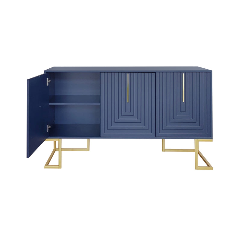 Buffet Sideboard Moderne Bleu Marine avec Texture U-forme, Pieds Dorés et Étagères Réglables (138x40x80.5cm) CRUUGREN BLUE