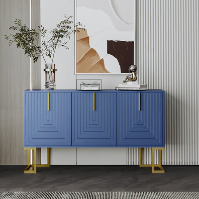Buffet Sideboard Moderne Bleu Marine avec Texture U-forme, Pieds Dorés et Étagères Réglables (138x40x80.5cm) CRUUGREN BLUE