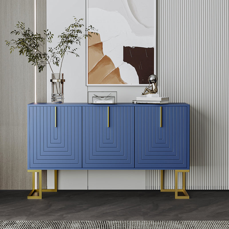 Buffet Sideboard Moderne Bleu Marine avec Texture U-forme, Pieds Dorés et Étagères Réglables (138x40x80.5cm) CRUUGREN BLUE