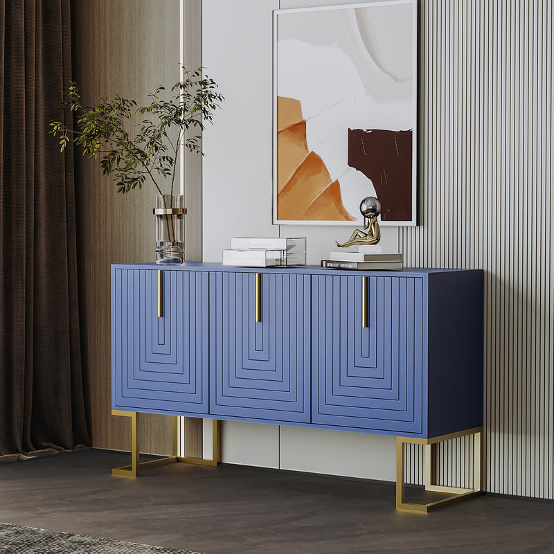 Buffet Sideboard Moderne Bleu Marine avec Texture U-forme, Pieds Dorés et Étagères Réglables (138x40x80.5cm) CRUUGREN BLUE