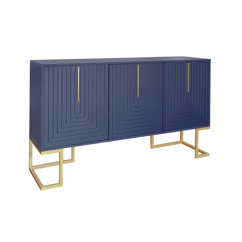 Buffet Sideboard Moderne Bleu Marine avec Texture U-forme, Pieds Dorés et Étagères Réglables (138x40x80.5cm) CRUUGREN BLUE