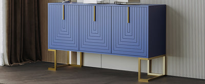 Buffet Sideboard Moderne Bleu Marine avec Texture U-forme, Pieds Dorés et Étagères Réglables (138x40x80.5cm) CRUUGREN BLUE