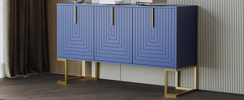 Buffet Sideboard Moderne Bleu Marine avec Texture U-forme, Pieds Dorés et Étagères Réglables (138x40x80.5cm) CRUUGREN BLUE