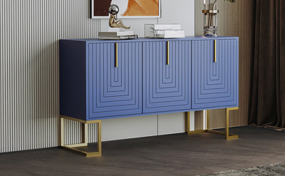 Buffet Sideboard Moderne Bleu Marine avec Texture U-forme, Pieds Dorés et Étagères Réglables (138x40x80.5cm) CRUUGREN BLUE