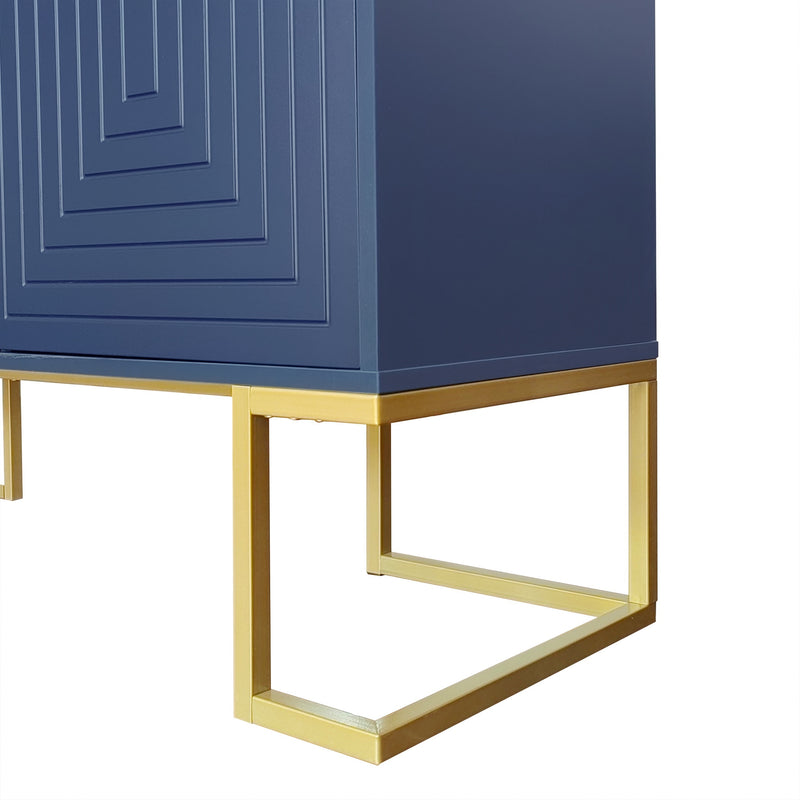 Buffet Sideboard Moderne Bleu Marine avec Texture U-forme, Pieds Dorés et Étagères Réglables (138x40x80.5cm) CRUUGREN BLUE