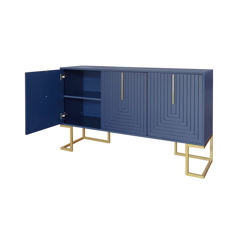 Buffet Sideboard Moderne Bleu Marine avec Texture U-forme, Pieds Dorés et Étagères Réglables (138x40x80.5cm) CRUUGREN BLUE