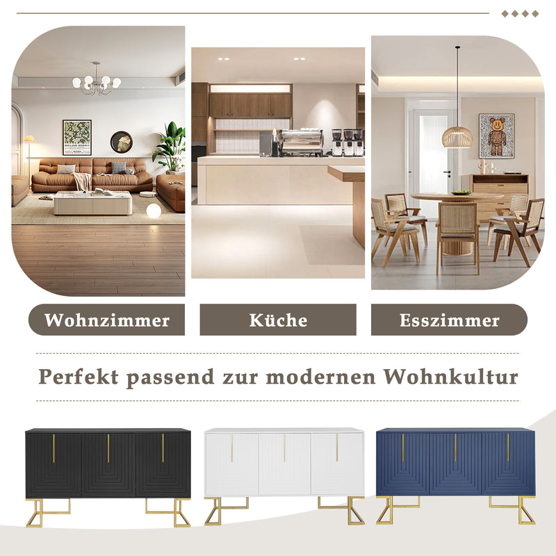 Buffet Sideboard Moderne Bleu Marine avec Texture U-forme, Pieds Dorés et Étagères Réglables (138x40x80.5cm) CRUUGREN BLUE