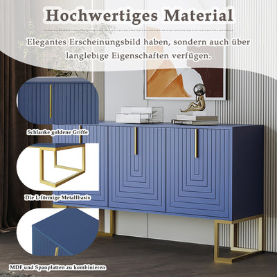 Buffet Sideboard Moderne Bleu Marine avec Texture U-forme, Pieds Dorés et Étagères Réglables (138x40x80.5cm) CRUUGREN BLUE