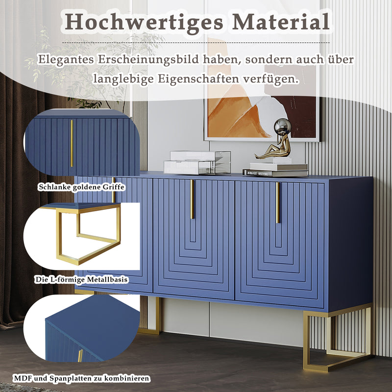 Buffet Sideboard Moderne Bleu Marine avec Texture U-forme, Pieds Dorés et Étagères Réglables (138x40x80.5cm) CRUUGREN BLUE