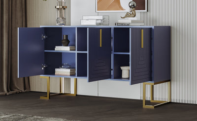 Buffet Sideboard Moderne Bleu Marine avec Texture U-forme, Pieds Dorés et Étagères Réglables (138x40x80.5cm) CRUUGREN BLUE
