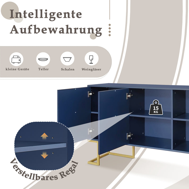 Buffet Sideboard Moderne Bleu Marine avec Texture U-forme, Pieds Dorés et Étagères Réglables (138x40x80.5cm) CRUUGREN BLUE