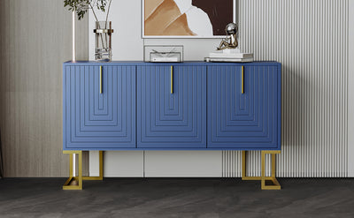 Buffet Sideboard Moderne Bleu Marine avec Texture U-forme, Pieds Dorés et Étagères Réglables (138x40x80.5cm) CRUUGREN BLUE