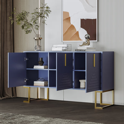 Buffet Sideboard Moderne Bleu Marine avec Texture U-forme, Pieds Dorés et Étagères Réglables (138x40x80.5cm) CRUUGREN BLUE