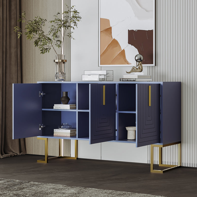 Buffet Sideboard Moderne Bleu Marine avec Texture U-forme, Pieds Dorés et Étagères Réglables (138x40x80.5cm) CRUUGREN BLUE