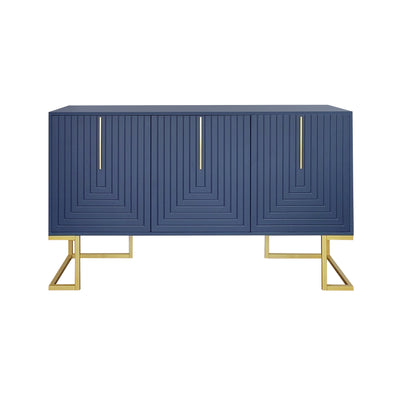 Buffet Sideboard Moderne Bleu Marine avec Texture U-forme, Pieds Dorés et Étagères Réglables (138x40x80.5cm) CRUUGREN BLUE