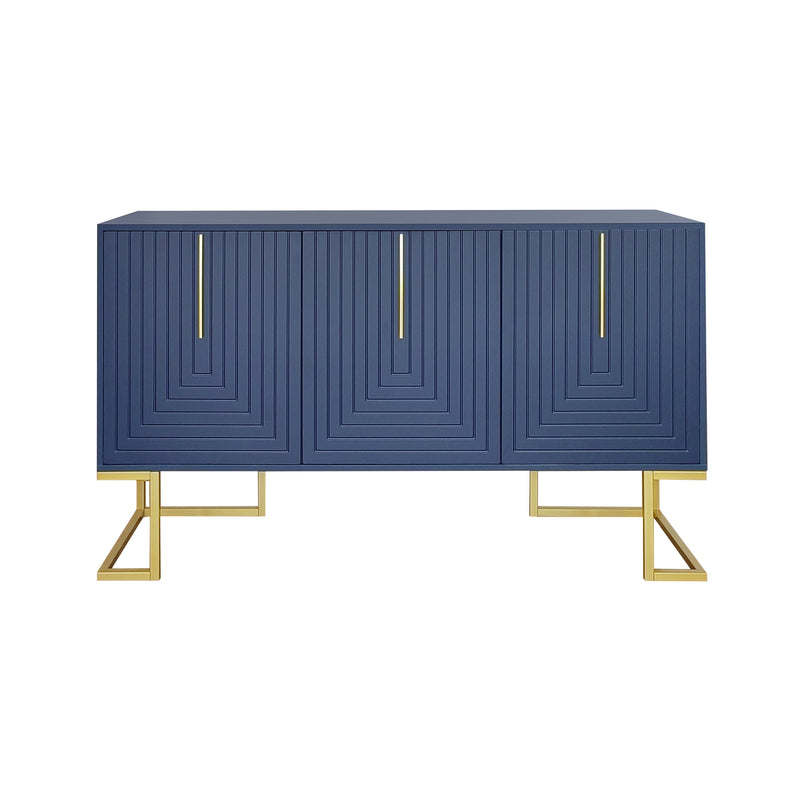 Buffet Sideboard Moderne Bleu Marine avec Texture U-forme, Pieds Dorés et Étagères Réglables (138x40x80.5cm) CRUUGREN BLUE