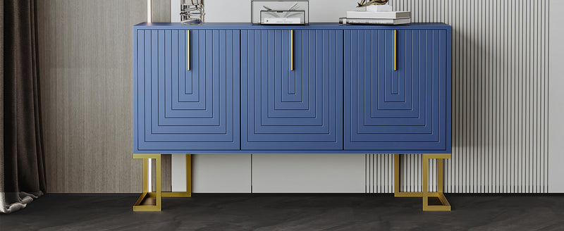 Buffet Sideboard Moderne Bleu Marine avec Texture U-forme, Pieds Dorés et Étagères Réglables (138x40x80.5cm) CRUUGREN BLUE