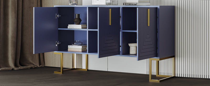 Buffet Sideboard Moderne Bleu Marine avec Texture U-forme, Pieds Dorés et Étagères Réglables (138x40x80.5cm) CRUUGREN BLUE