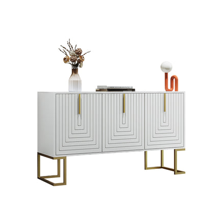 Buffet Sideboard Moderne Blanc avec Texture U-forme, Pieds Dorés et Étagères Réglables (138x40x80.5cm) CRUUGREN WHITE
