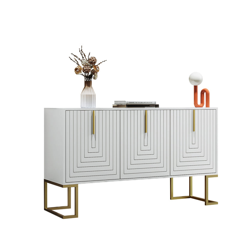Buffet Sideboard Moderne Blanc avec Texture U-forme, Pieds Dorés et Étagères Réglables (138x40x80.5cm) CRUUGREN WHITE